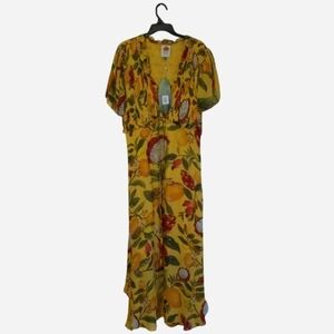 FARM Rio Yellow Floral & Fruit Maxi Dress with Green and Red Motifs